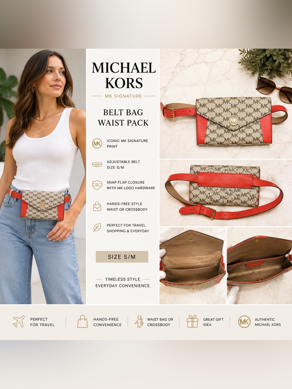 Michael Kors MK Signature Belt Bag Fanny Pack Vanilla Coral Red S/M Waist Bag